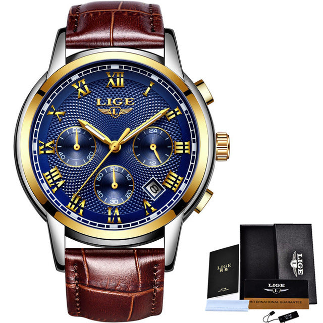 Luxury Blue/Gold Wristwatch with Leather Strap